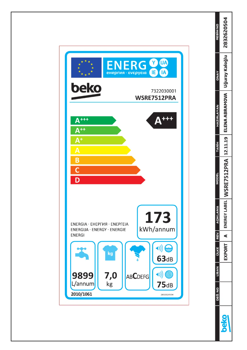 Page 1 de la notice Label énergétique Beko WSRE 7512 PRA