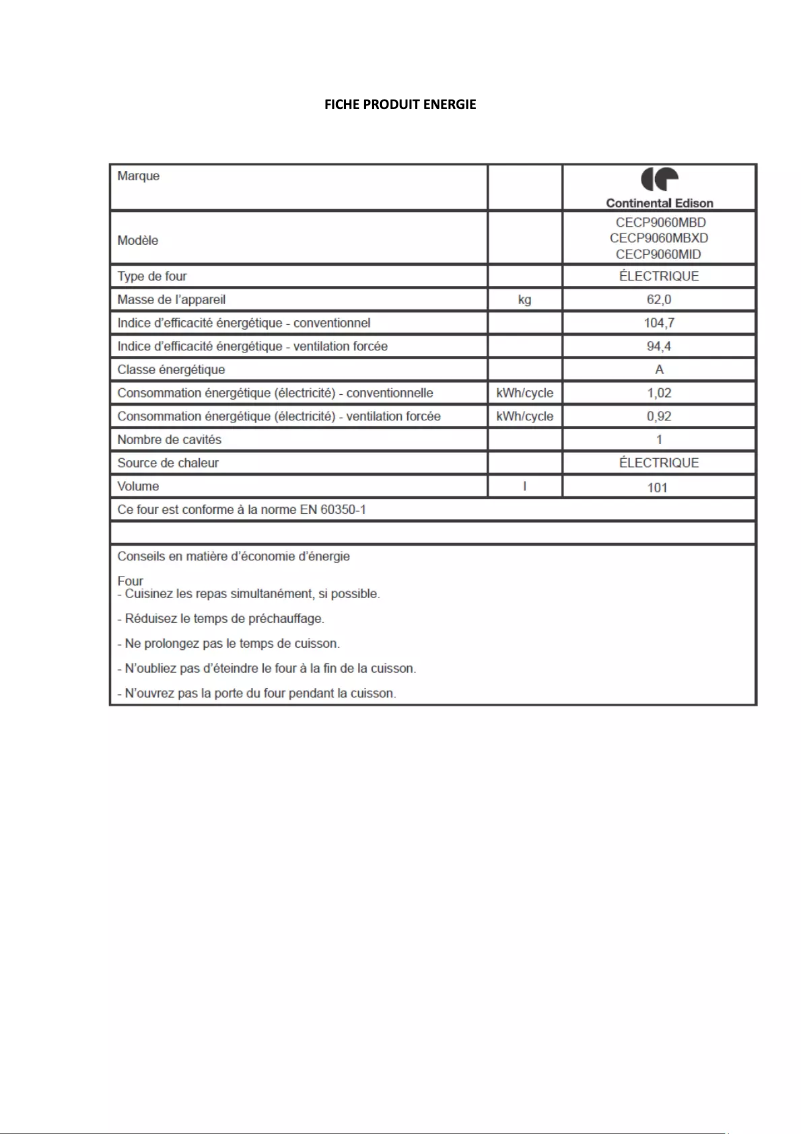 Page n°1 - Label énergétique Continental Edison CECP9060MID