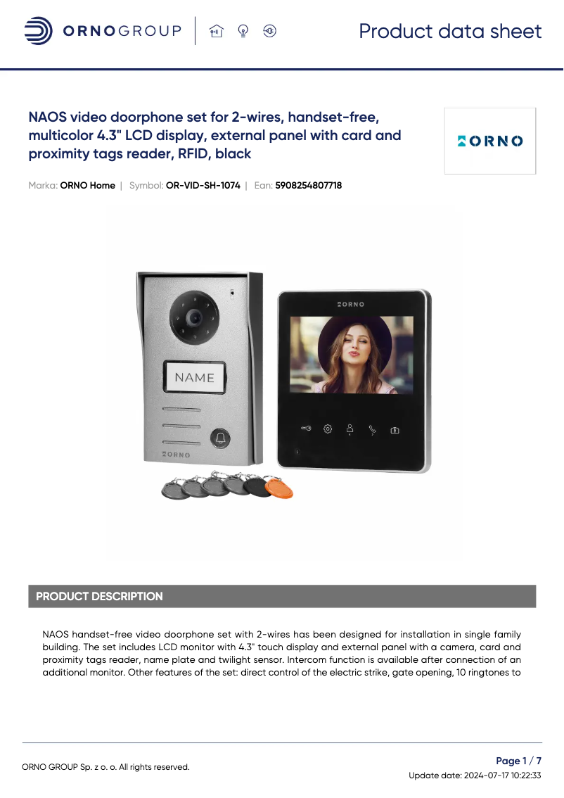 Page 1 de la notice Fiche technique Vibell OR-VID-SH-1074