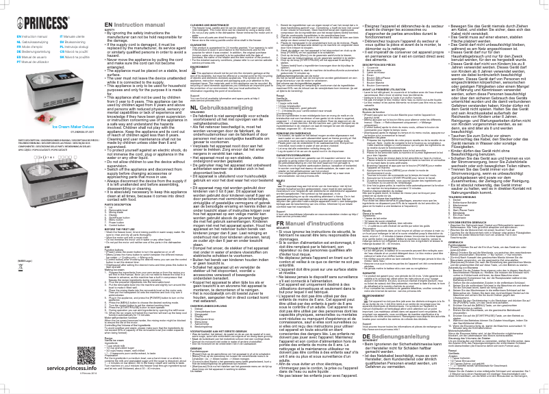 Page 1 de la notice Manuel utilisateur Princess Ice Cream Maker Deluxe 282604