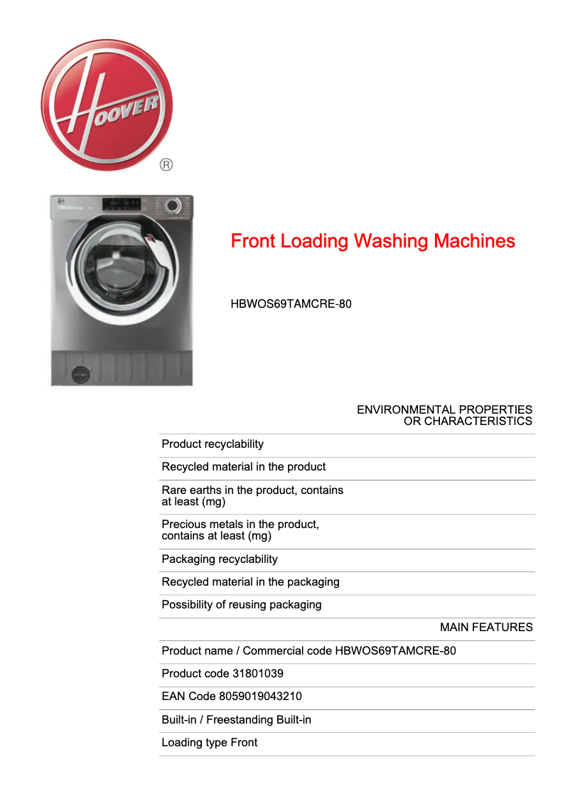 Image de la première page du manuel de l'appareil HBWOS69TAMCRE-80