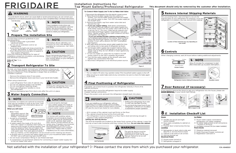 Page 1 de la notice Guide d'installation Frigidaire FGHT2055VD