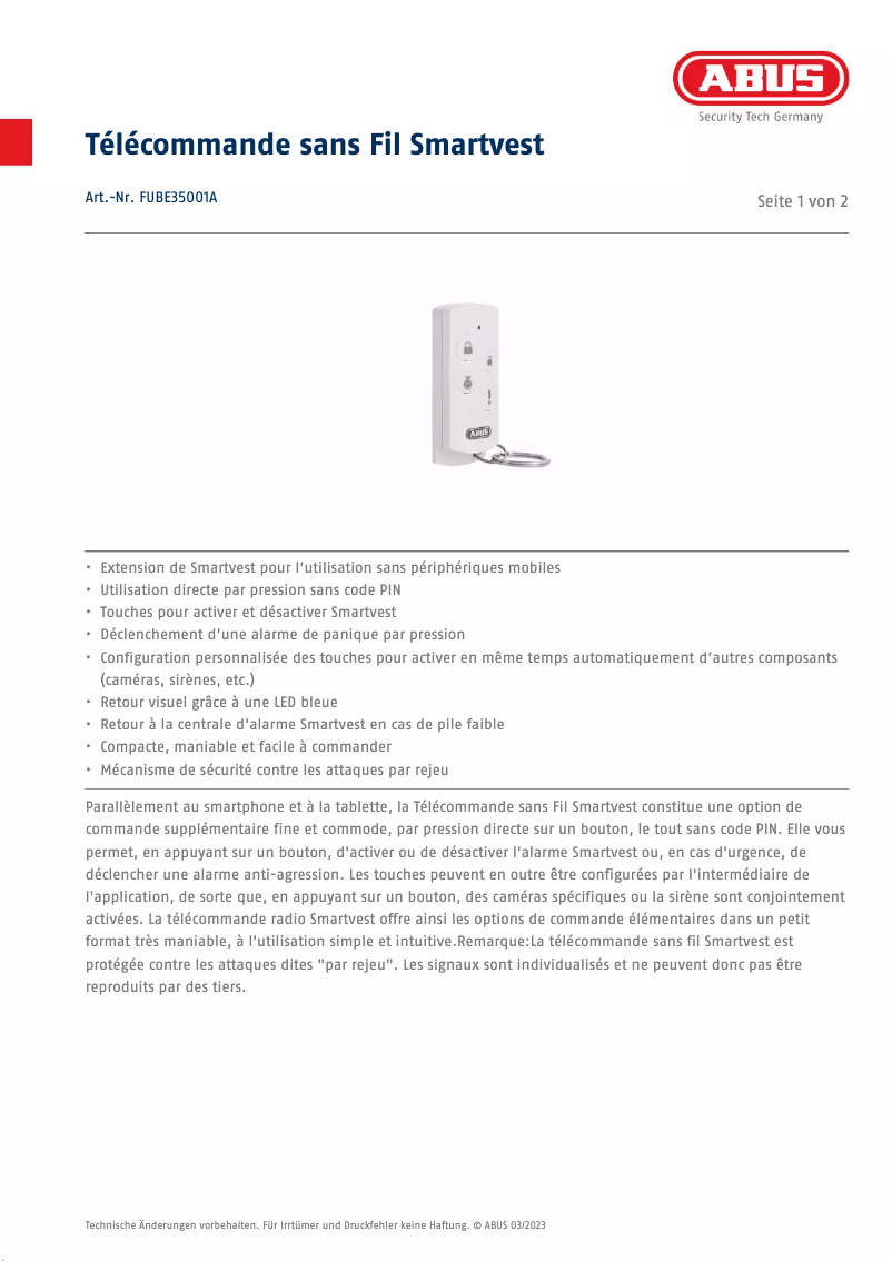 Page 1 de la notice Fiche technique Abus FUBE35001A