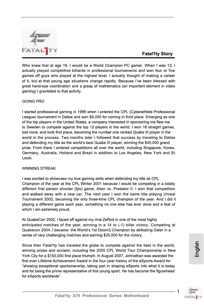 Page 1 de la notice Manuel utilisateur Asrock Fatal1ty X79 Professional