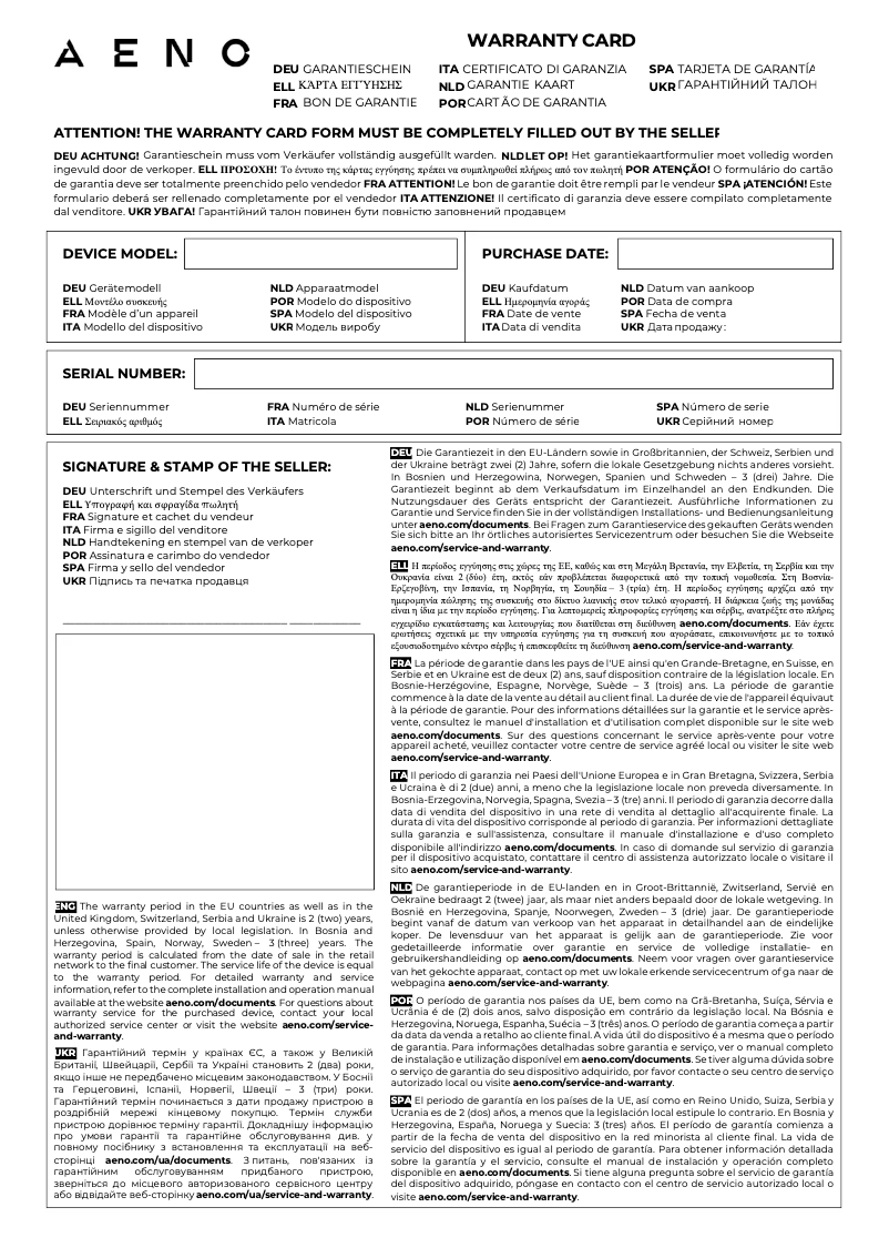 Page 1 de la notice Informations de garantie AENO BS2S