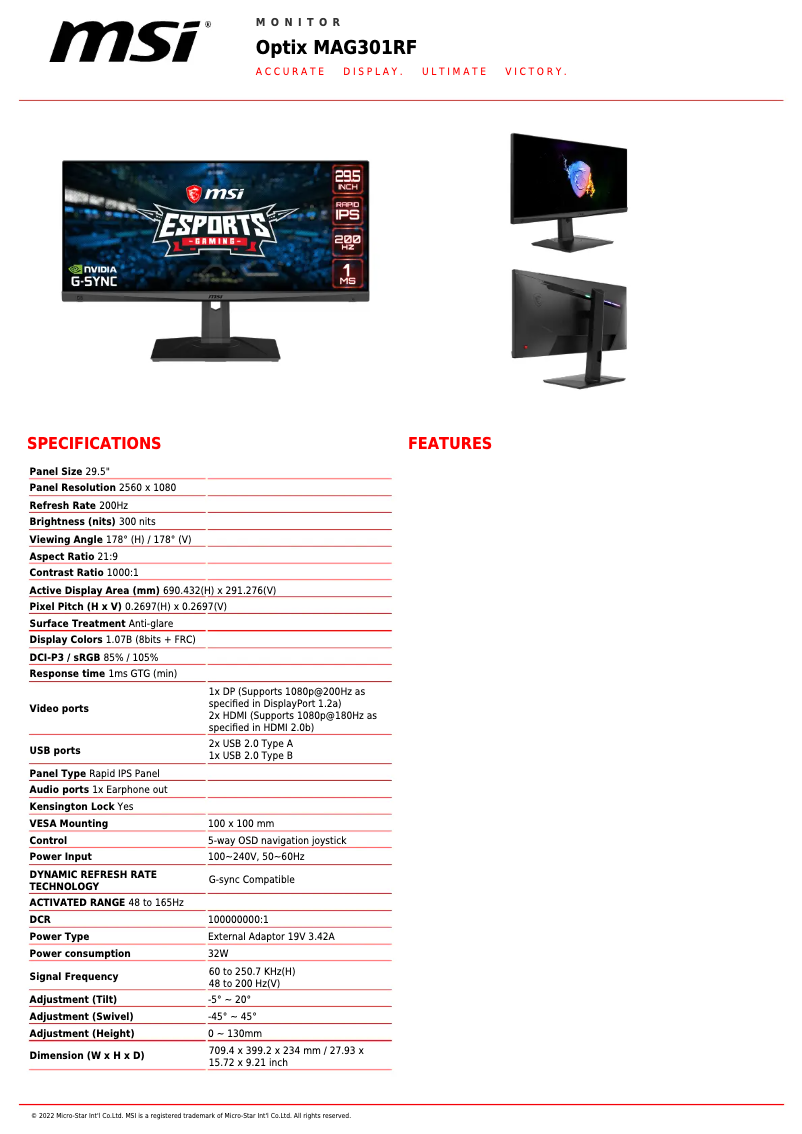 Page 1 de la notice Fiche technique MSI Optix MAG301RF