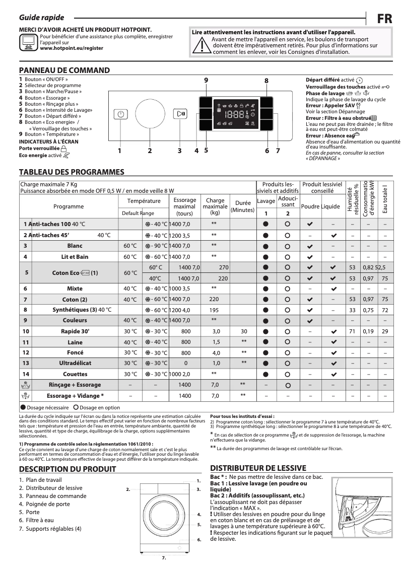 Page 1 de la notice Manuel utilisateur Hotpoint BI WMHG 71484 EU