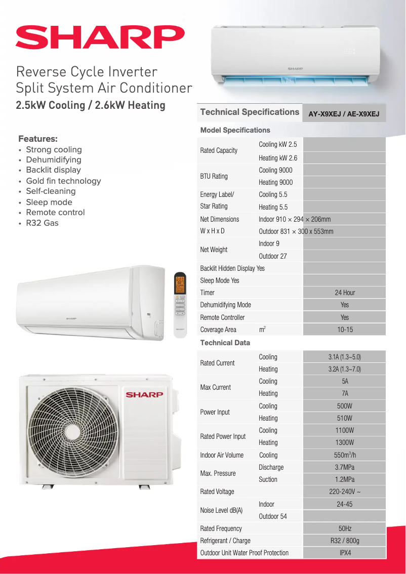 Page 1 de la notice Fiche technique Sharp AY-X9XEJ