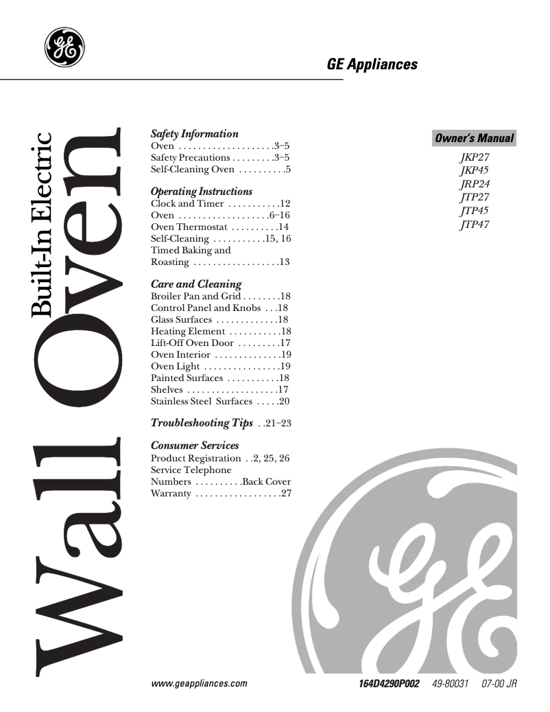 Page n°1 - Manuel d'utilisation et d'entretien GE JKP27WAWW