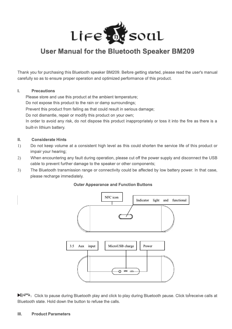 Page 1 de la notice Manuel utilisateur Life N Soul BM209-BU