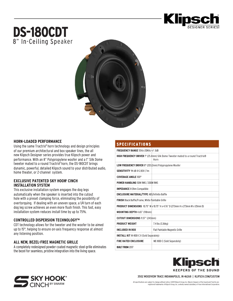 Page n°1 - Fiche technique Klipsch DS-180CDT