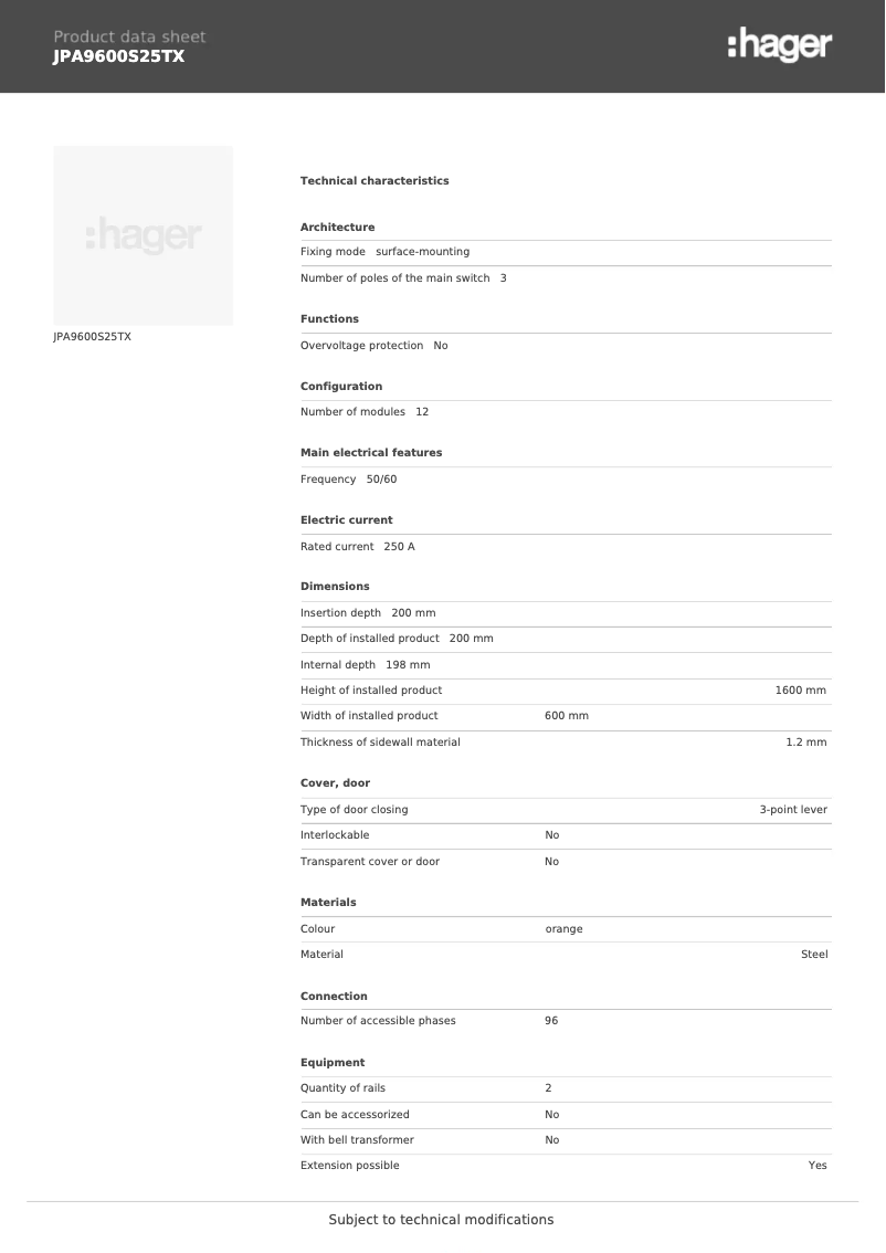 Page 1 de la notice Fiche technique Hager JPA9600S25TX
