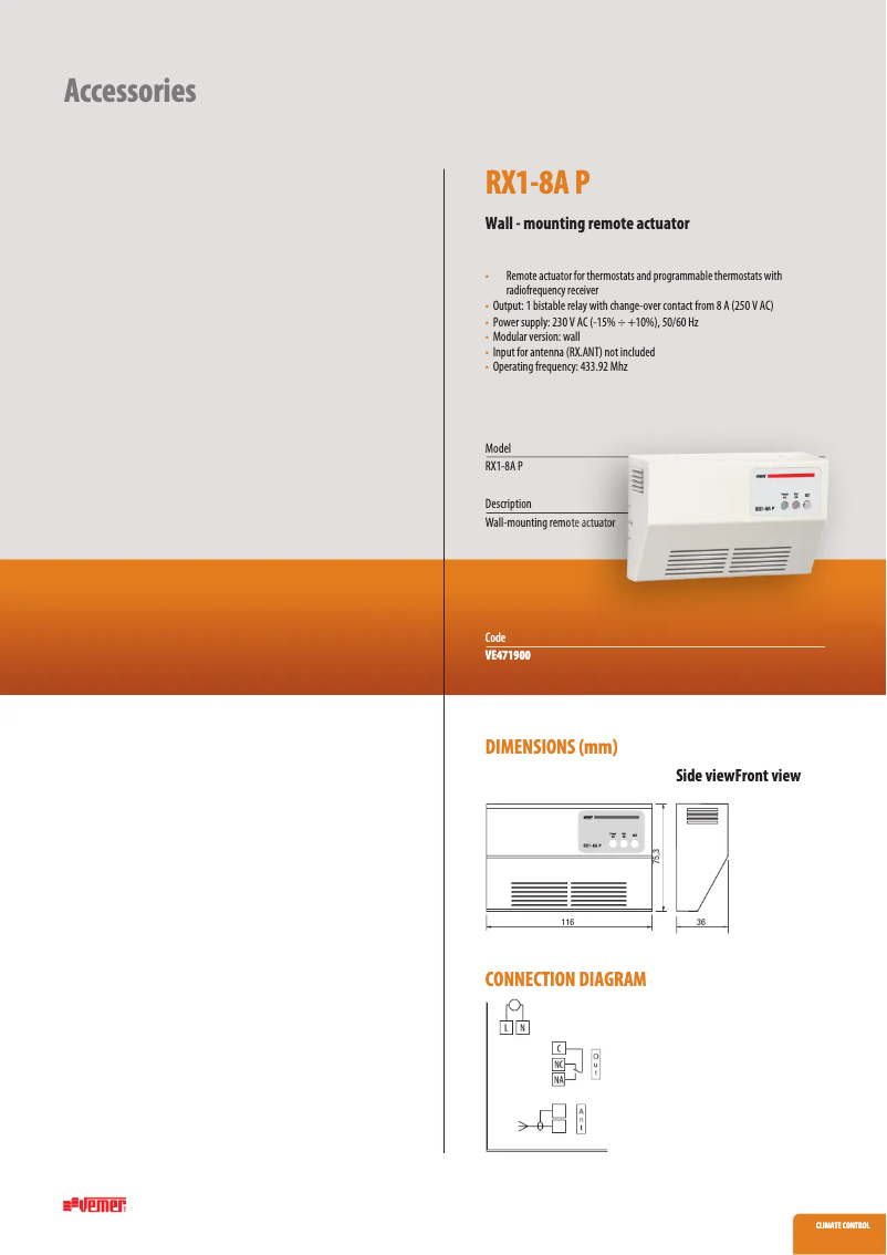 Page 1 de la notice Fiche technique Vemer RX1-8A P