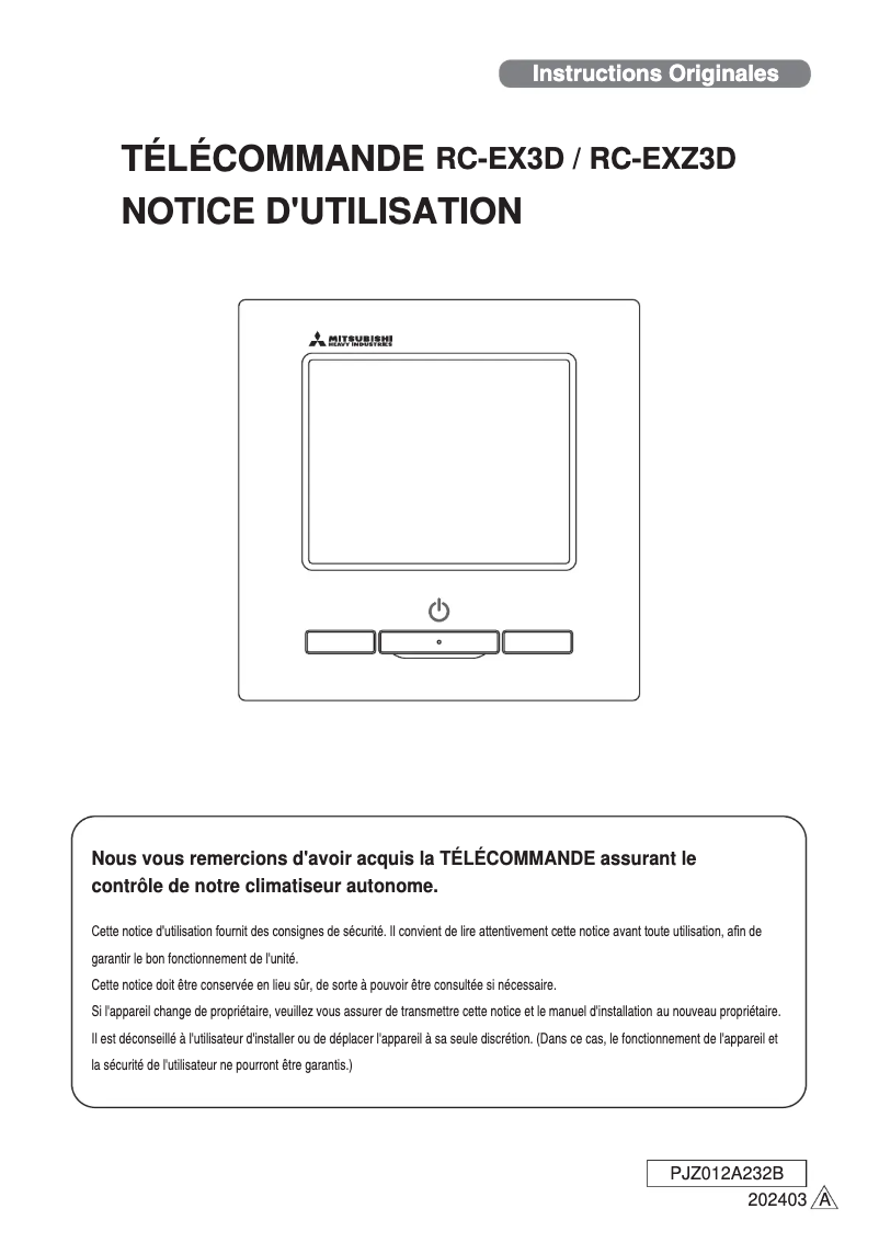 Page 1 de la notice Manuel utilisateur Mitsubishi RC-EX3D