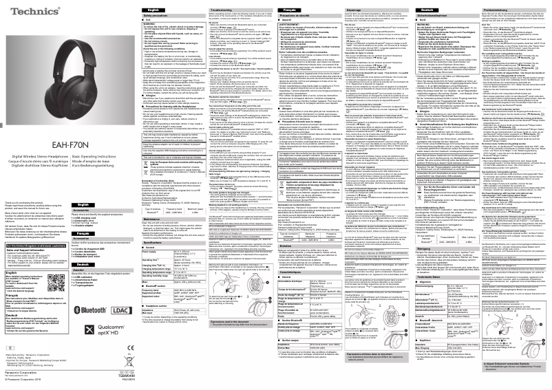 Page 1 de la notice Manuel utilisateur Technics EAH-F70NE