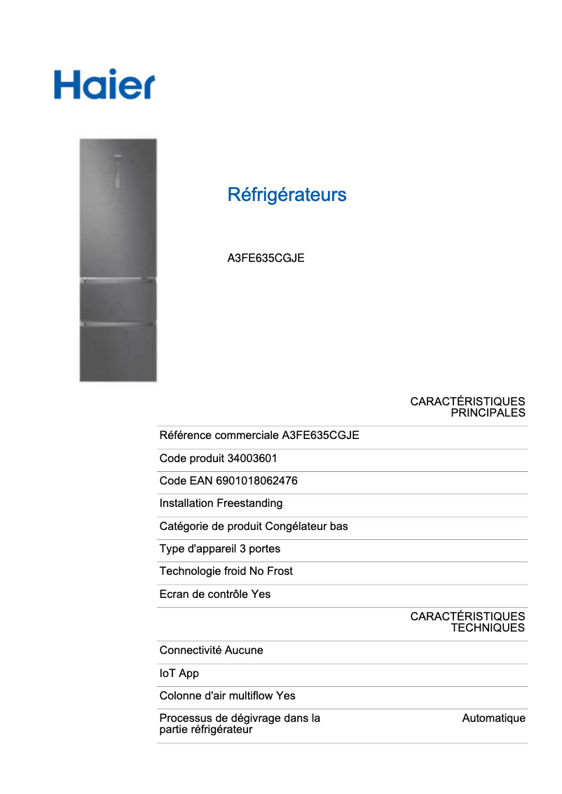 Page 1 de la notice Fiche technique Haier A3FE635CGJE