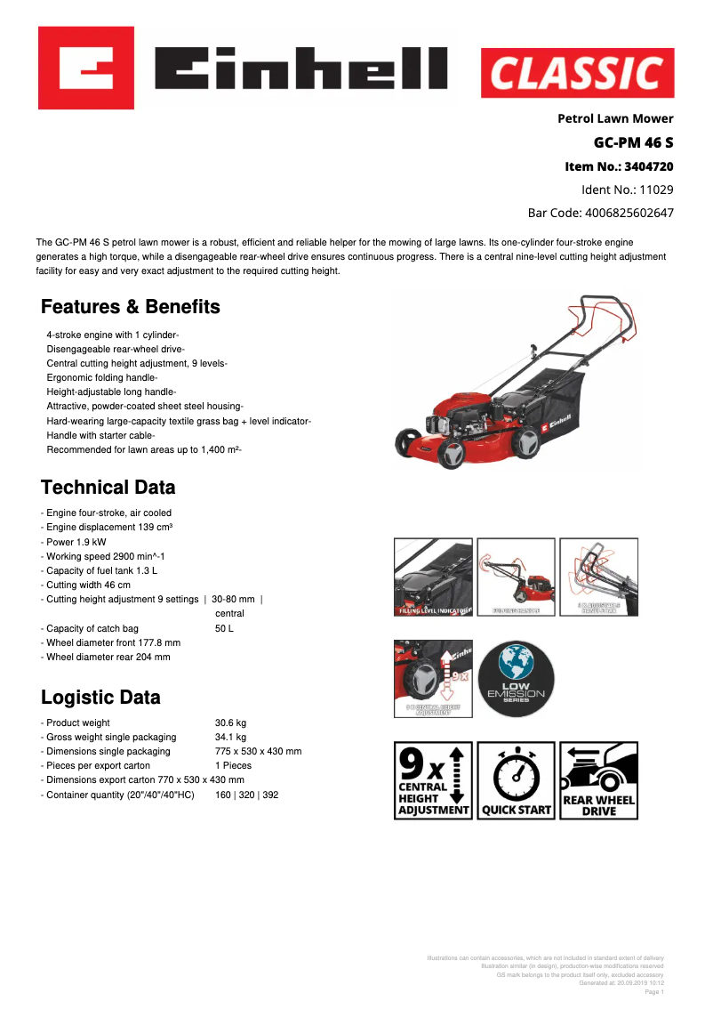 Page 1 de la notice Fiche technique Einhell GC-PM 46 S
