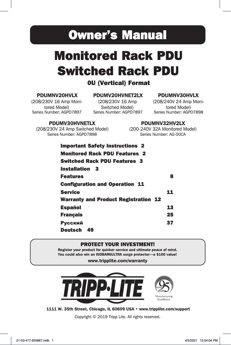 Page 1 de la notice Manuel utilisateur Tripp Lite PDUMNV20HVLX