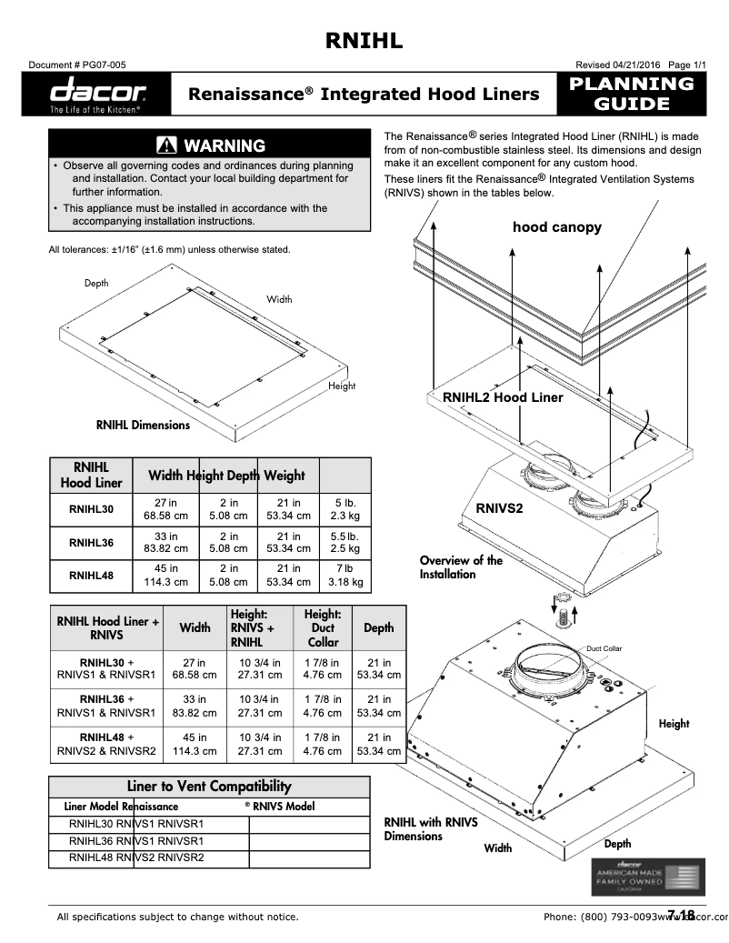 Page 1 de la notice Mode d'emploi Dacor RNIHL48