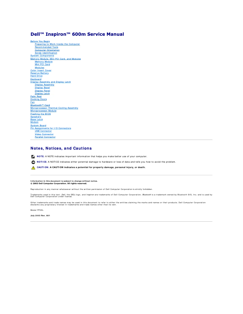 Page 1 de la notice Manuel utilisateur Dell Inspiron 600m