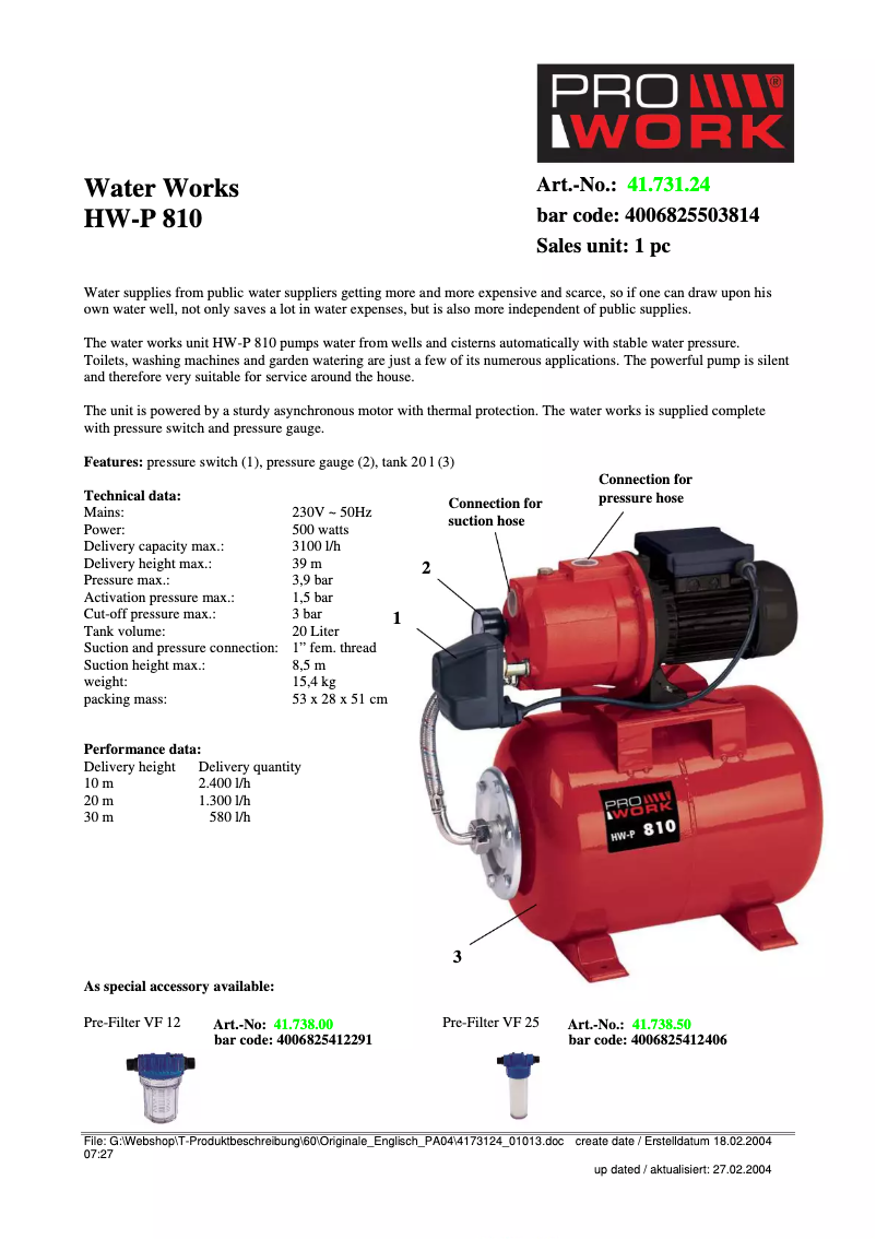 Page 1 de la notice Fiche technique Prowork HW-P 810