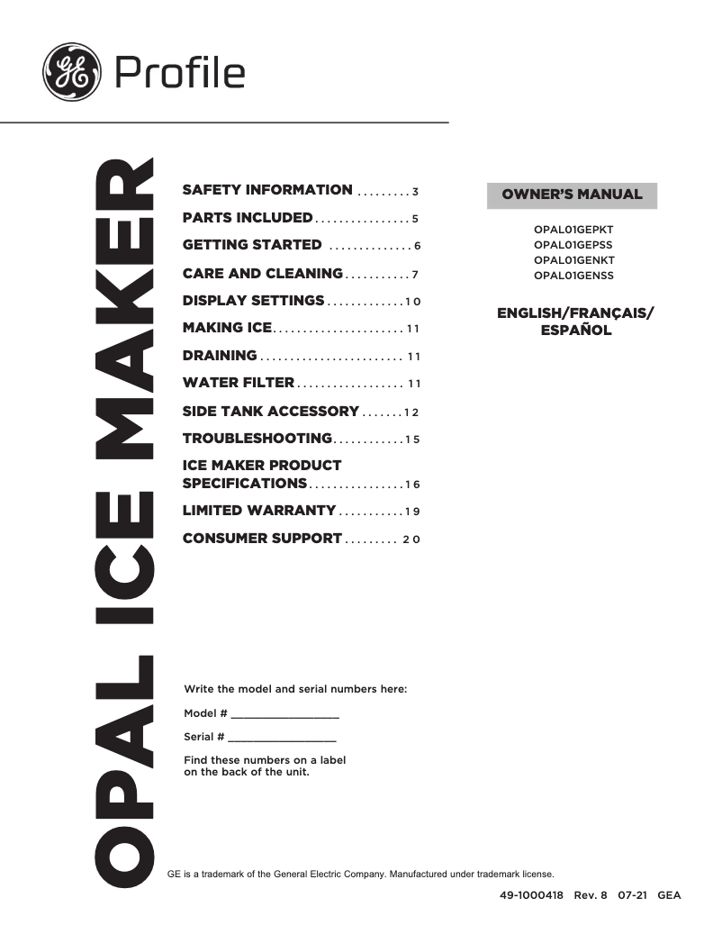 Imagen de la primera página del manual del dispositivo Profile Opal OPAL01PSS