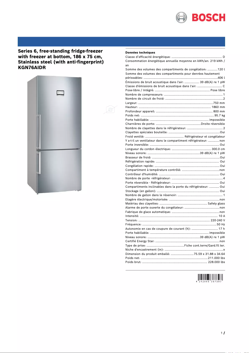 Page 1 de la notice Fiche technique Bosch KGN76AIDR
