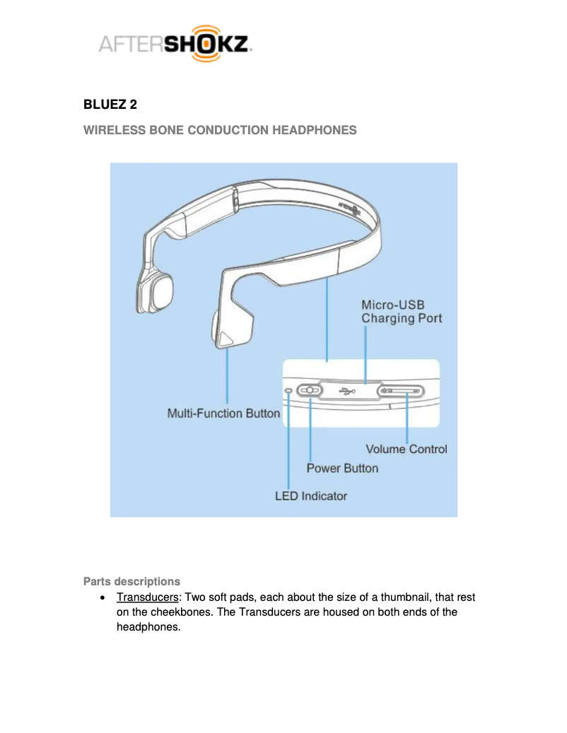 Page 1 de la notice Manuel utilisateur Aftershokz Bluez 2