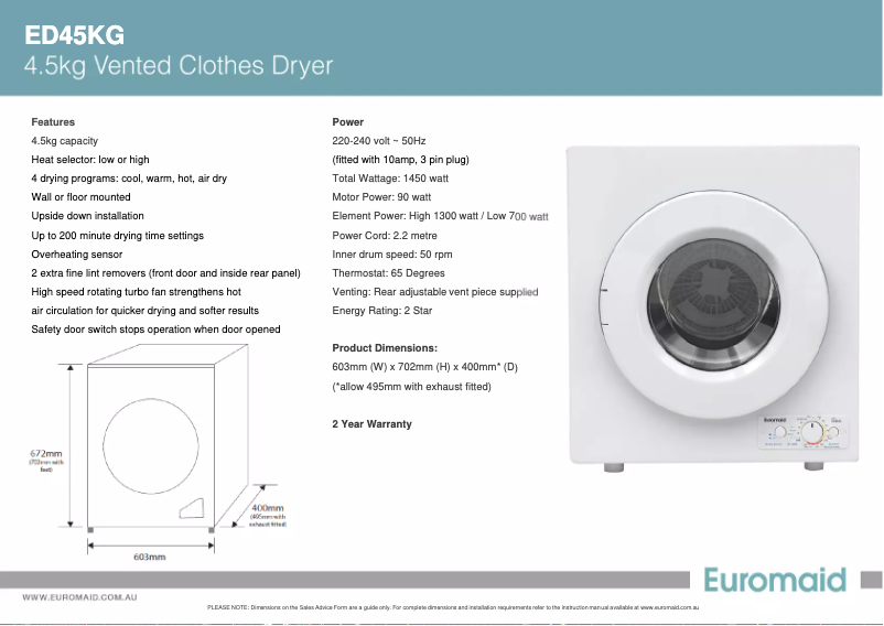 Page n°1 - Fiche technique Euromaid ED45KG
