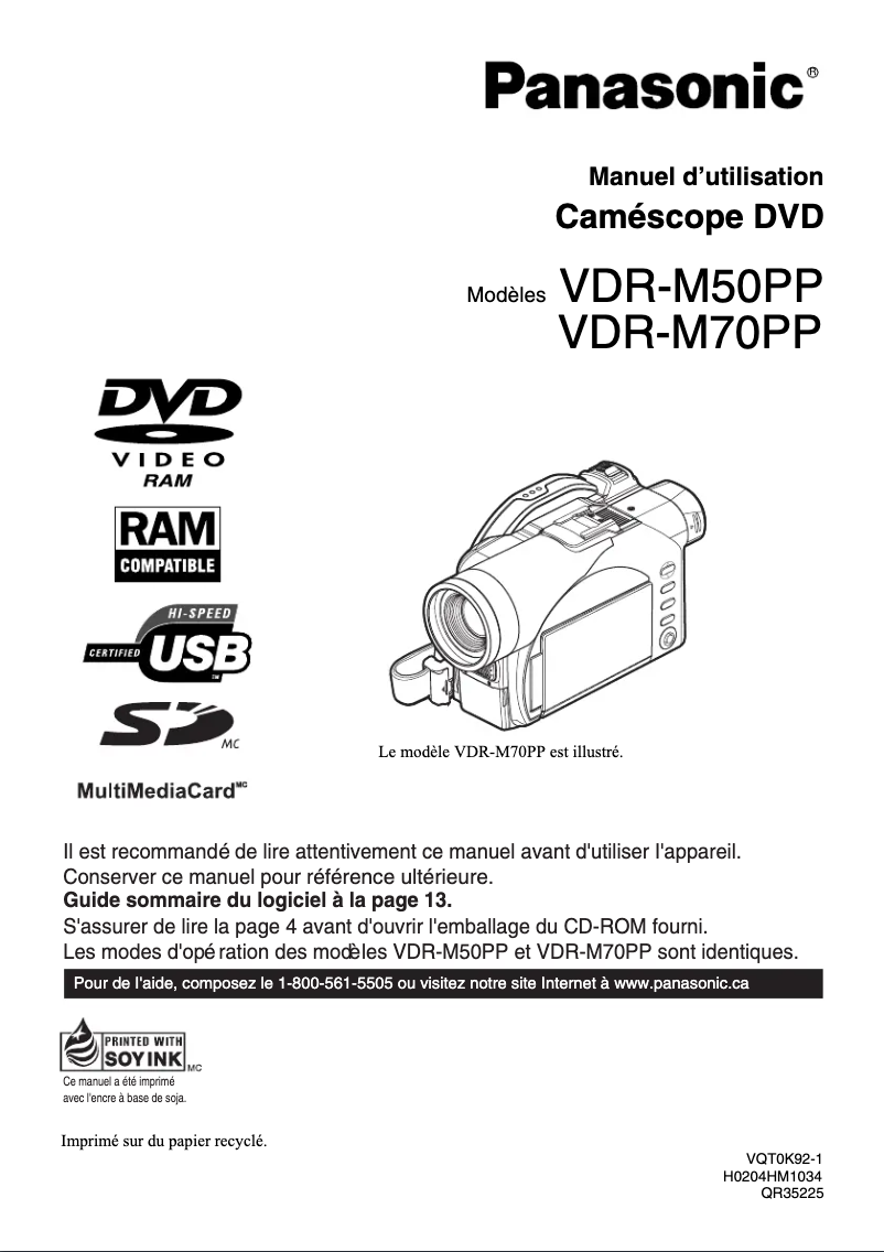 Page 1 de la notice Manuel utilisateur Panasonic VDR-M70