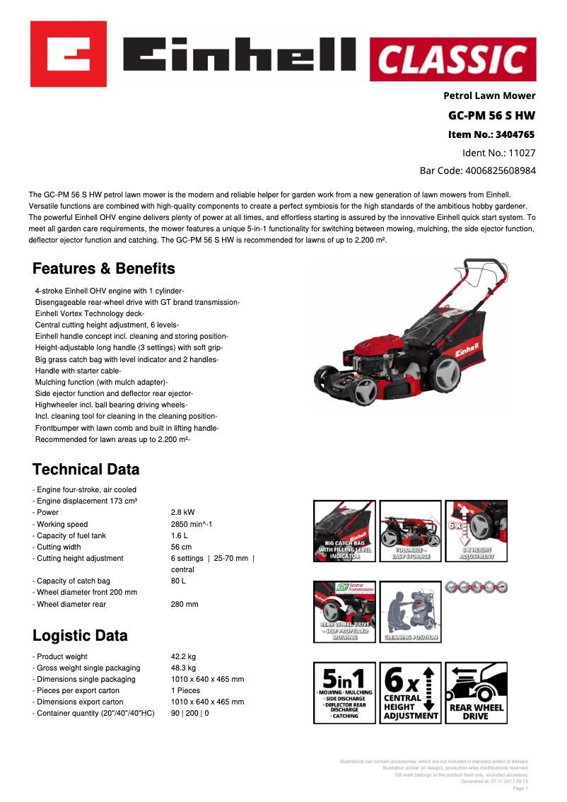 Page n°1 - Fiche technique Einhell GC-PM 56 S HW
