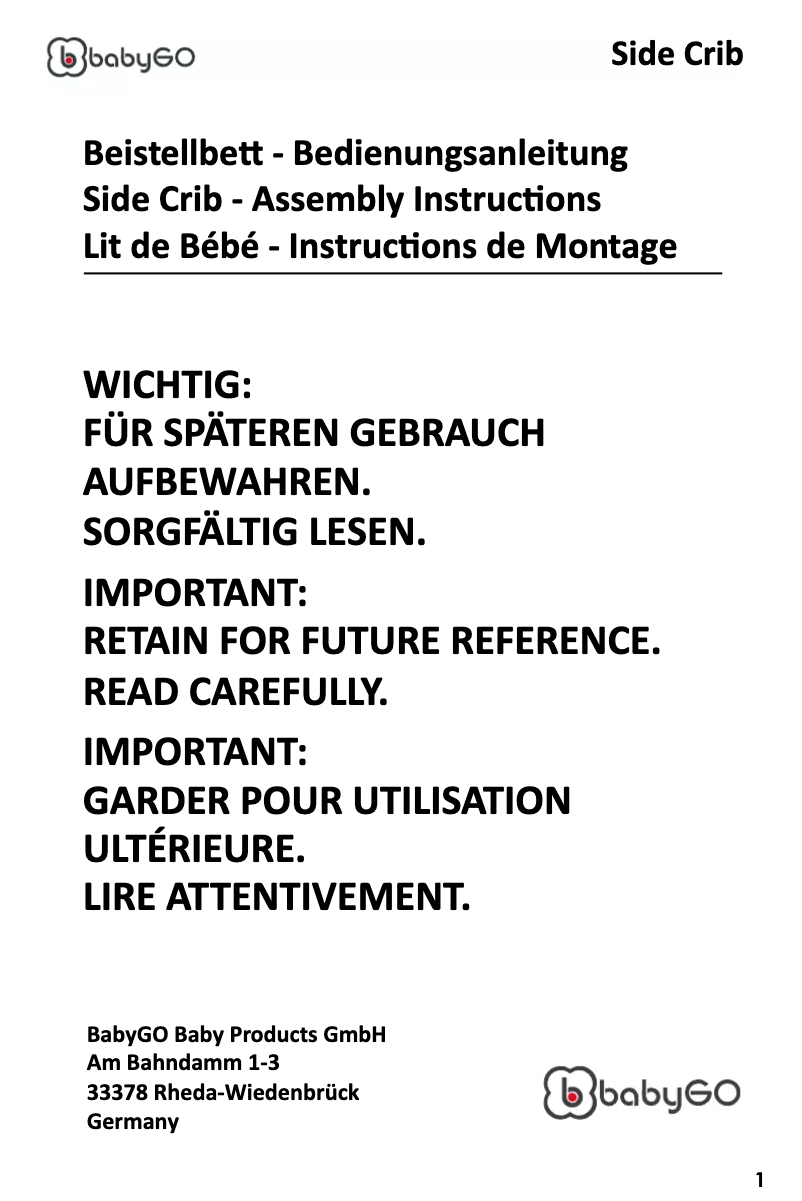 Page 1 de la notice Manuel utilisateur BabyGO Side Crib