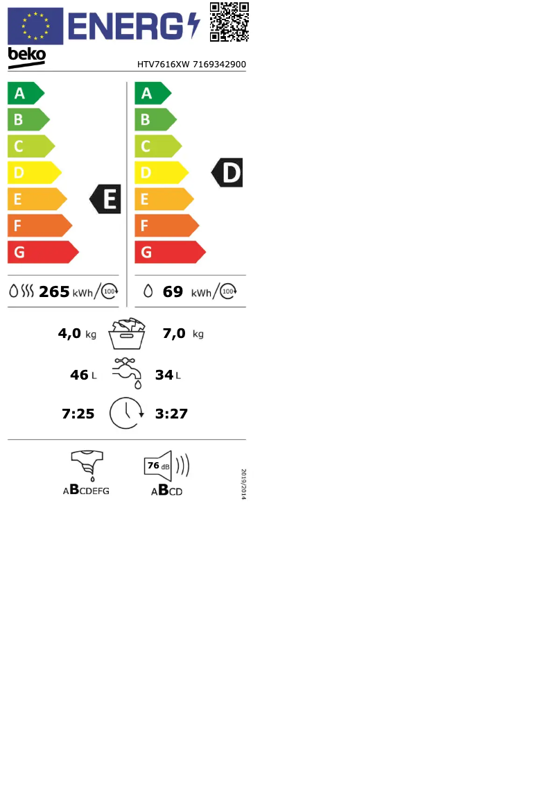 Page 1 de la notice Label énergétique Beko HTV7616XW