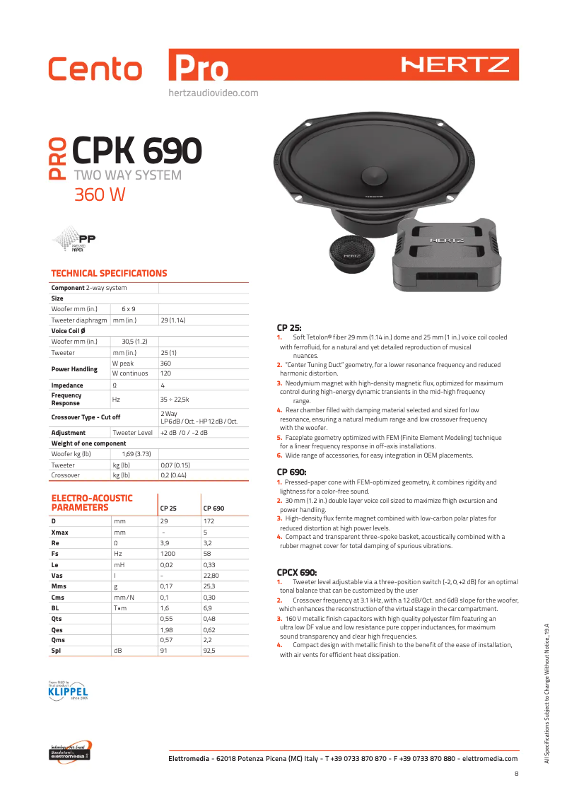 Page 1 de la notice Fiche technique Hertz Cento CPK 690