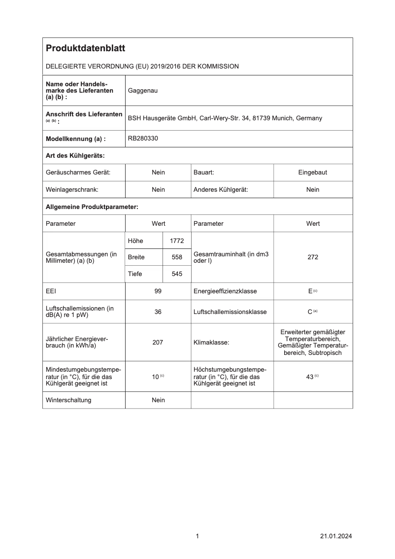 Página 1 del manual Ficha técnica Gaggenau RB280330