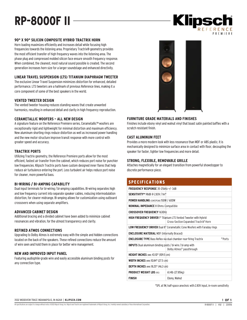 Page 1 de la notice Fiche technique Klipsch Reference Premiere RP-8000F II