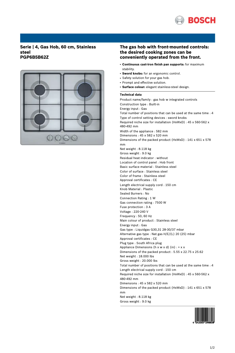 Page 1 de la notice Fiche technique Bosch PGP6B5B62Z