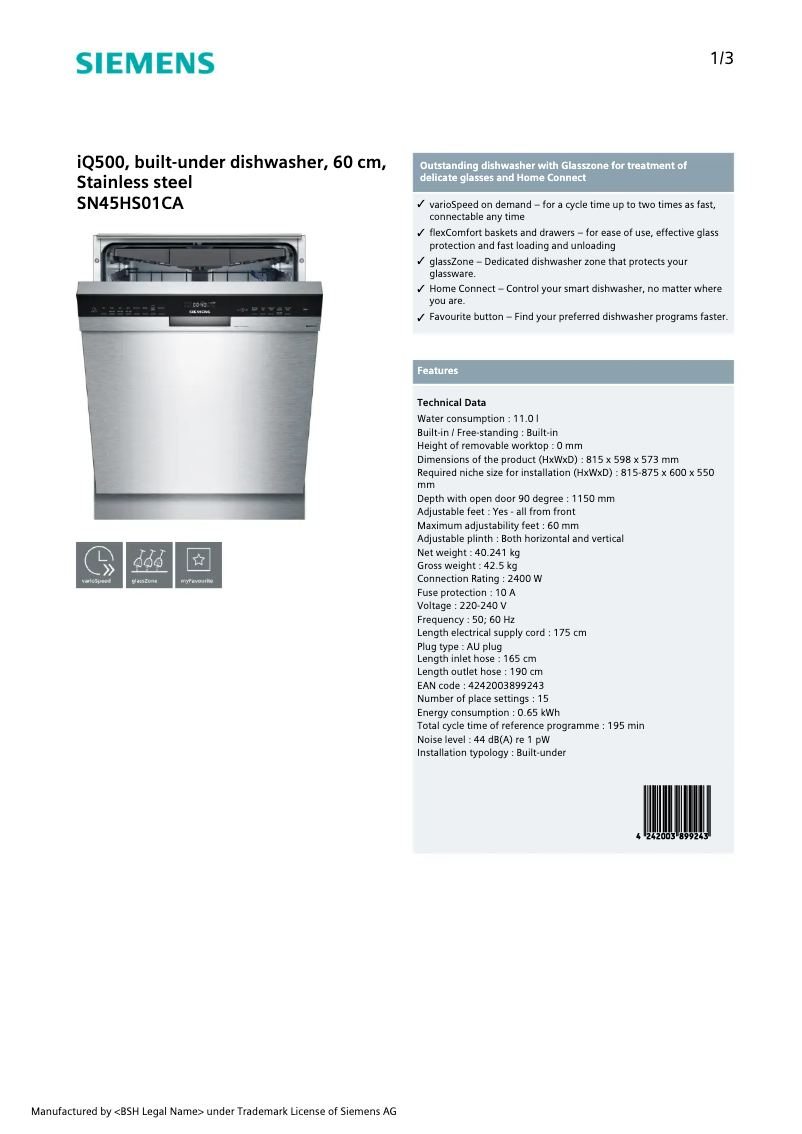 Page 1 de la notice Fiche technique Siemens SN45HS01CA