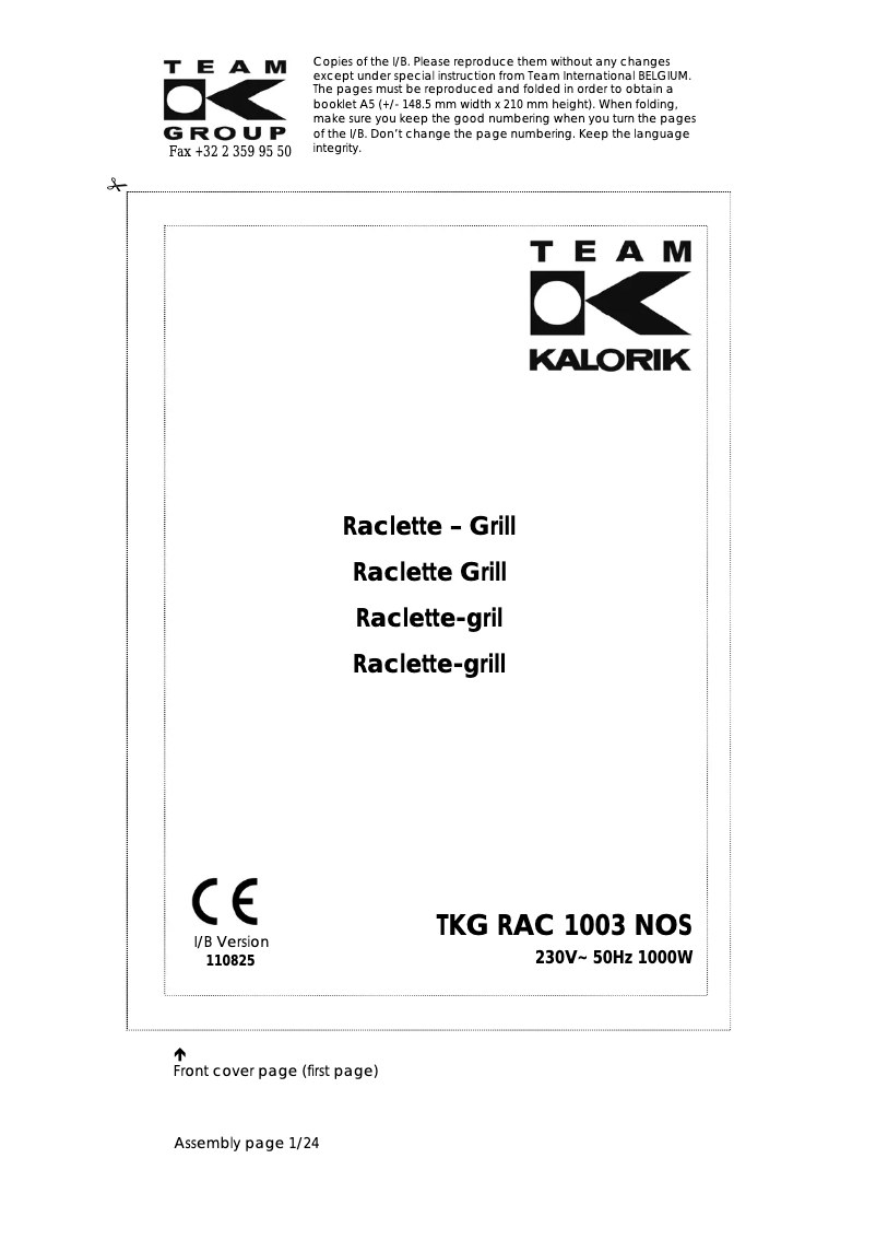 Image de la première page du manuel de l'appareil TKG RAC 1003 NOS