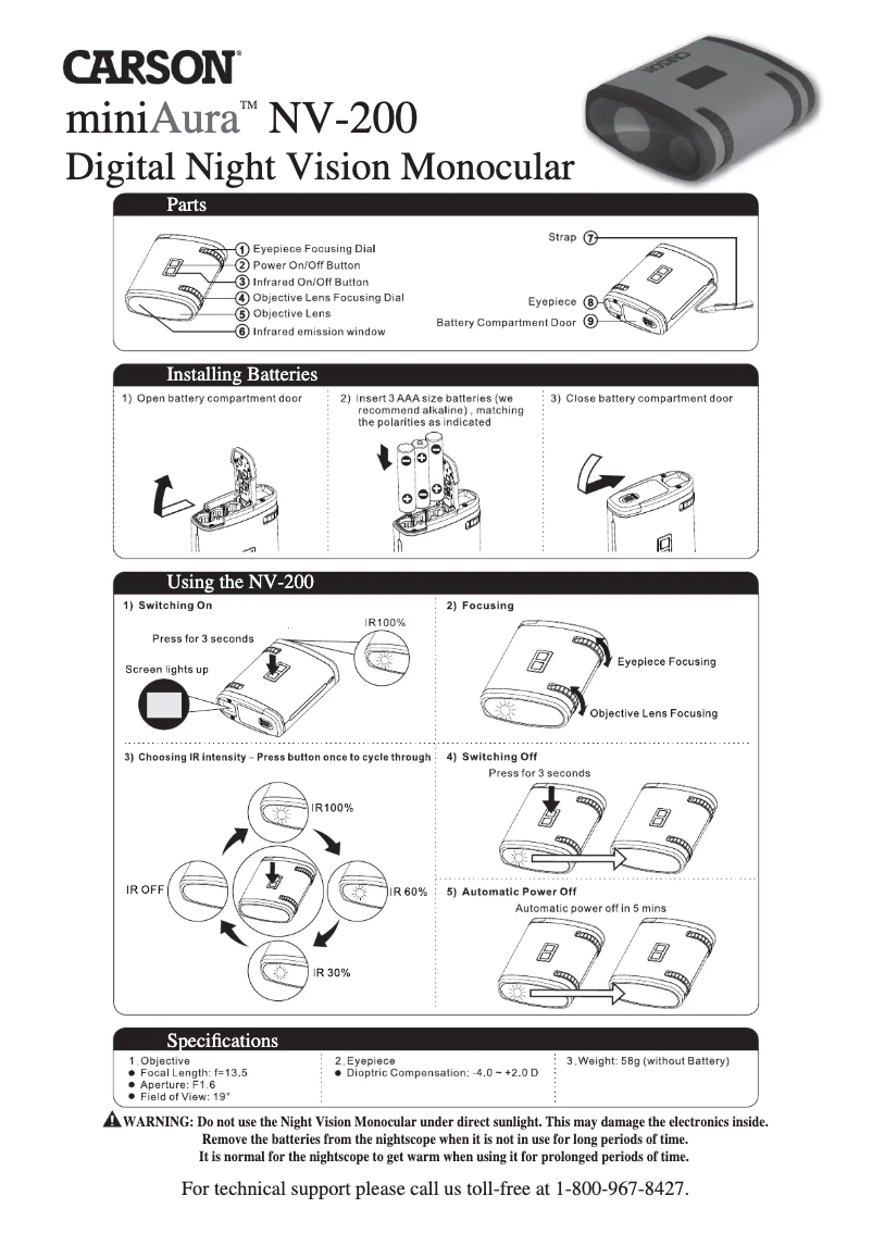 Page 1 de la notice Manuel utilisateur Carson Mini Aura NV-200