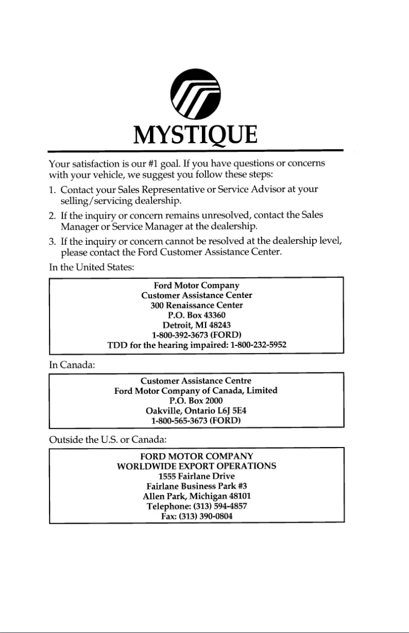 Page n°1 - Manuel utilisateur Mercury Mystique (1996)