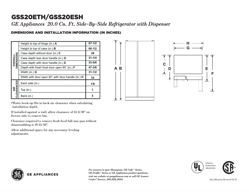 Page 1 de la notice Fiche technique GE GSS20ETHBB