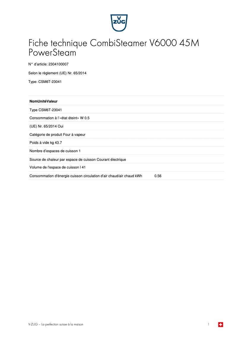 Page 1 de la notice Fiche technique V-Zug CombiSteamer V6000 45M PowerSteam