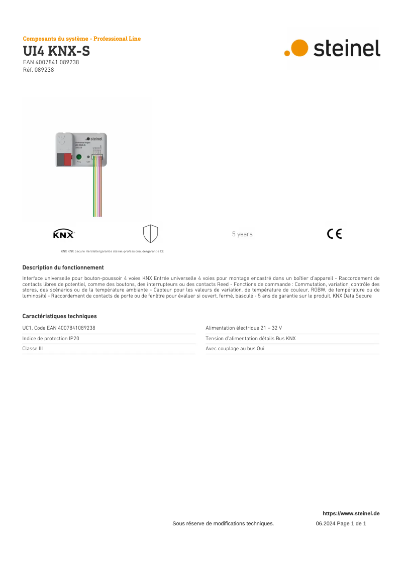 Page n°1 - Fiche technique Steinel UI4 KNX