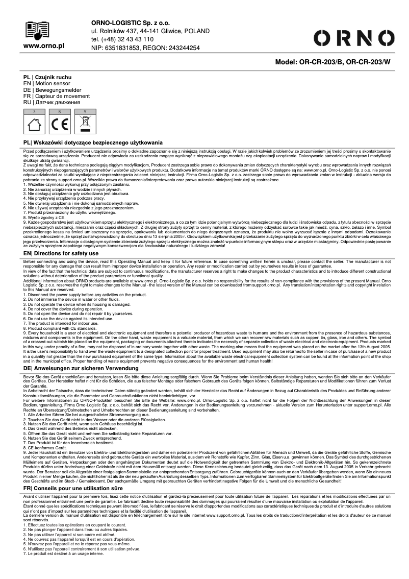 Image de la première page du manuel de l'appareil OR-CR-203