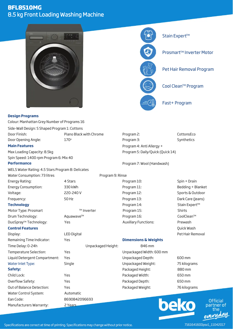 Page 1 de la notice Fiche technique Beko BFL8510MG