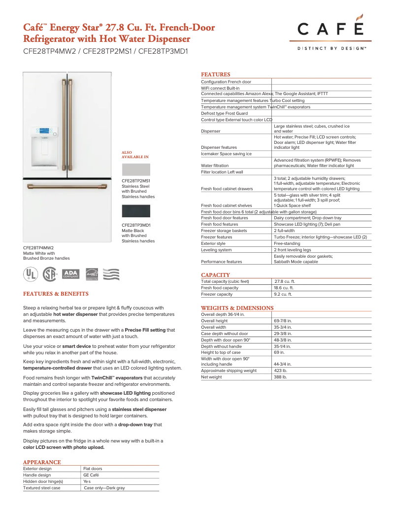 Page 1 of the manual Technical Sheet GE CFE28TP2MS1