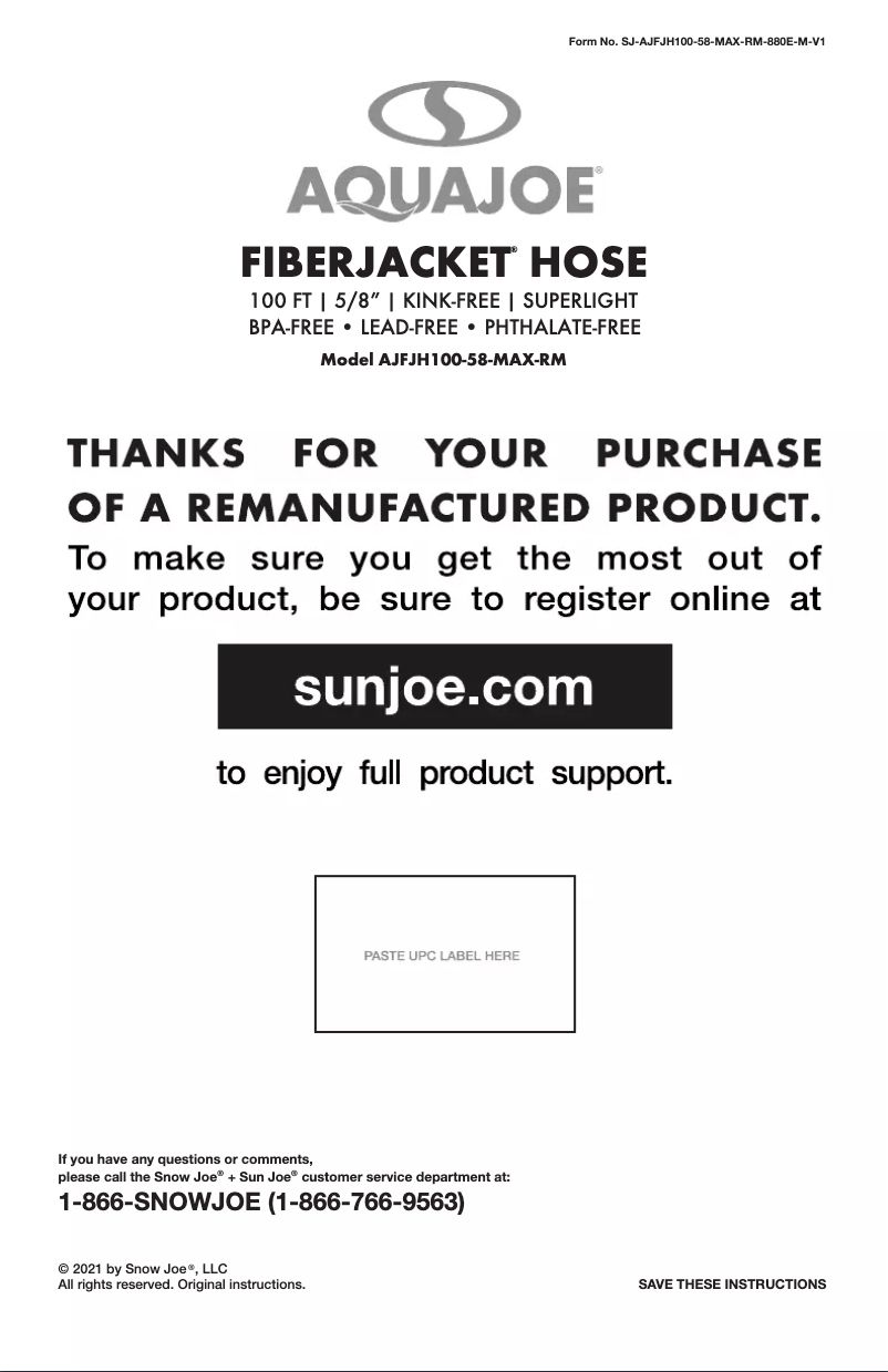 Página 1 del manual Manual de usuario Aqua Joe AJFJH100-58-MAX-RM