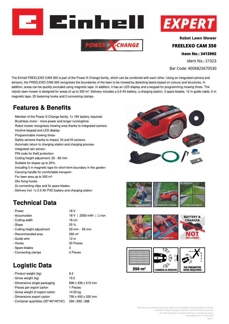 Page 1 de la notice Fiche technique Einhell FREELEXO CAM 350