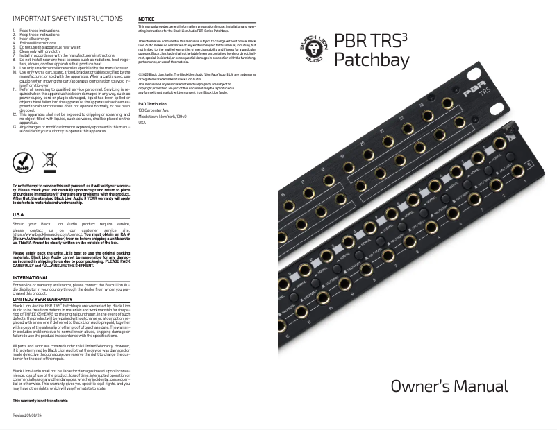 Page 1 de la notice Manuel utilisateur Black Lion Audio PBR TRS3